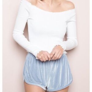 John Galt California pastel blue velvet shorts